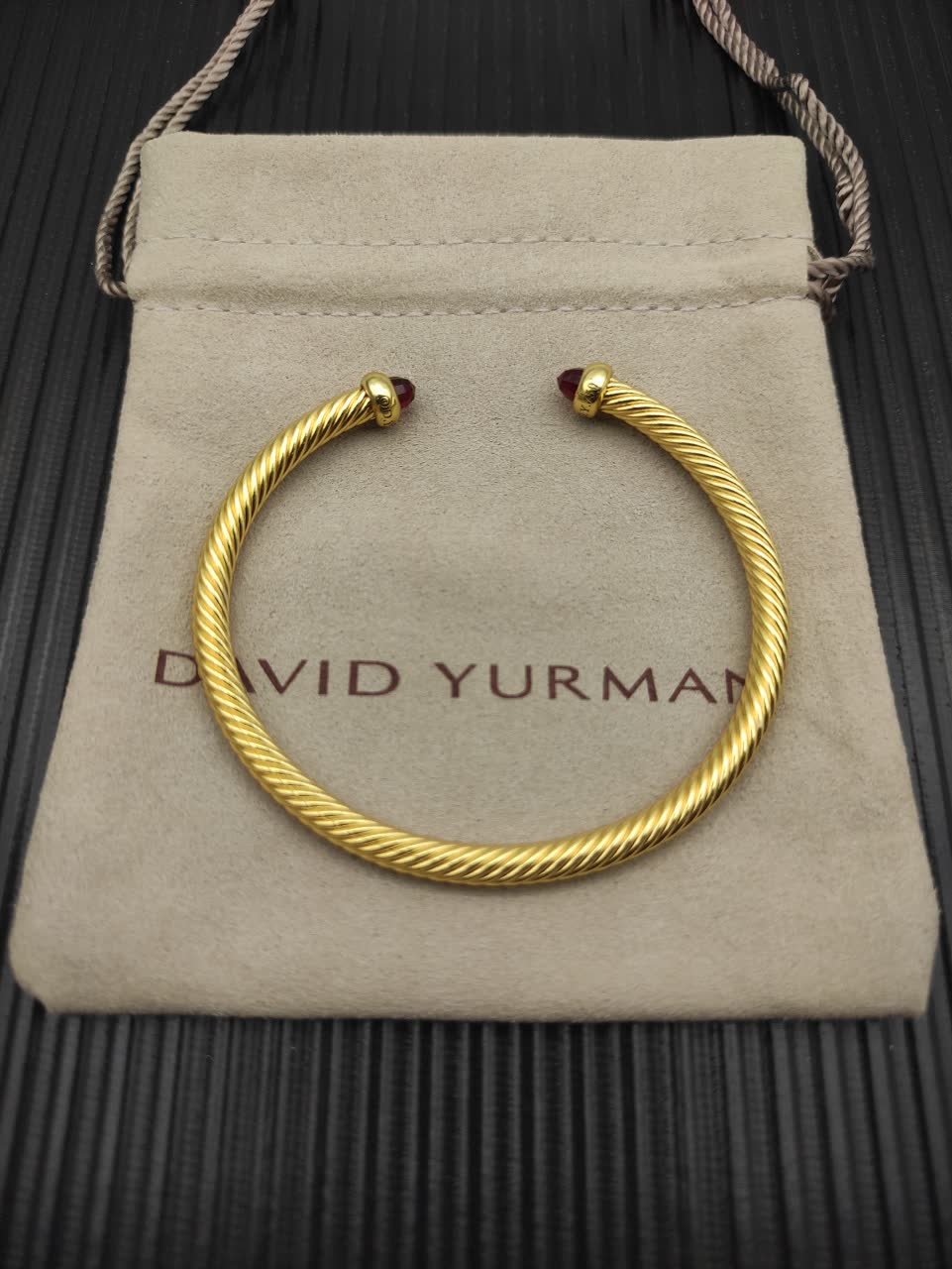 David Yurman Gold Tone Wire Bangle Bracelet with Red Gemstone